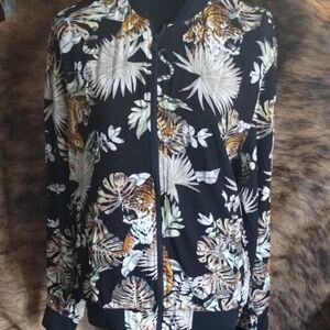 Denim & Flower Black and White Bomber Jacket with Tiger Motif